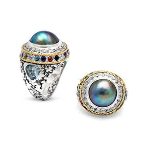 Silver & Gold Ring, Blue Mabe & Blue Topaz