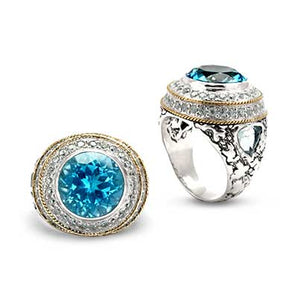 Silver & Gold Ring, Plaster Texture Blue Quartz & CZ Pave