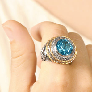 Silver & Gold Ring, Plaster Texture Blue Quartz & CZ Pave