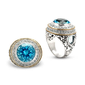 Silver & Gold Ring, Plaster Texture Blue Quartz & CZ Pave