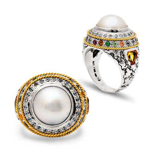 Silver & Gold Ring, White Mabe & Blue Topaz