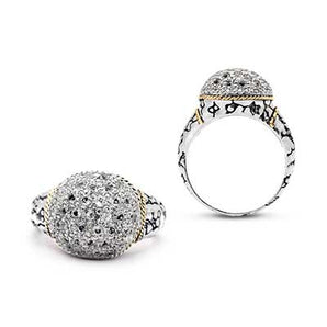 Silver & Gold Ring, Plaster Motif Round White Topaz Pave