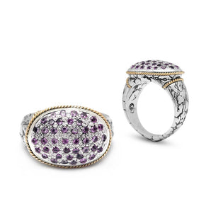 Silver & Gold Ring, Plaster Texture Amethyst Pave