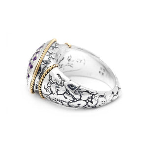 Silver & Gold Ring, Plaster Texture Amethyst Pave