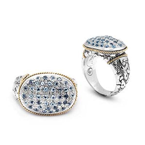 Silver & Gold Ring, Plaster Texture Blue Topaz Pave