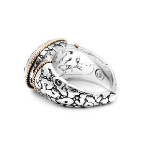 Silver & Gold Ring, Plaster Texture Blue Topaz Pave