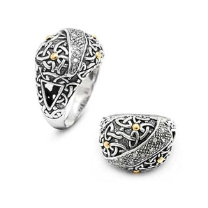 Silver & Gold Ring, Bali Celtic Motif Oval White Topaz