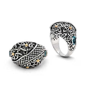 Silver & Gold Ring, Celtic Motif Blue Topaz