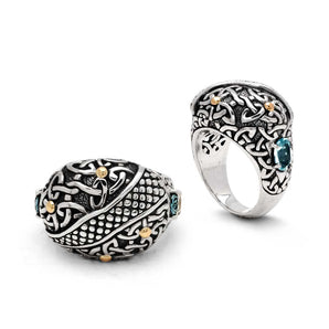 Silver & Gold Ring, Celtic Motif Blue Topaz