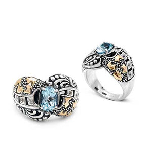 Gold & Silver Ring, Puzzle Motif Blue Topaz & CZ