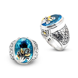 Gold & Silver Ring, Puzzle & Bali Motif Blue Quartz