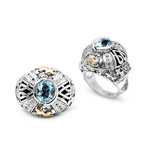 Gold & Silver Ring, Puzzle Motif Natural Blue Sky Topaz