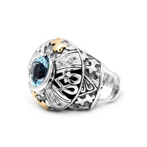 Gold & Silver Ring, Puzzle Motif Natural Blue Sky Topaz