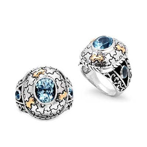 Gold & Silver Puzzle Ring, Natural Blue Sky Topaz