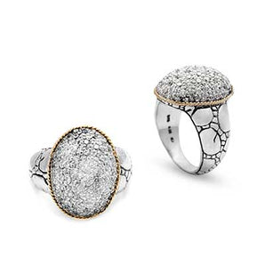 Silver & Gold Ring, Crocodile Skin Motif White Zircon Pave