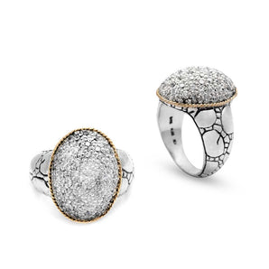 Silver & Gold Ring, Crocodile Skin Motif White Zircon Pave