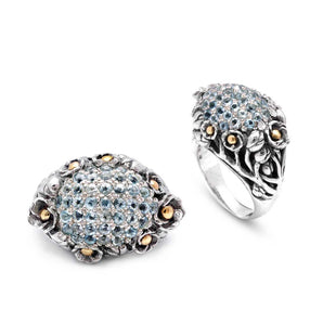 Silver & Gold Ring, Water Jasmine Motif Blue Topaz Pave