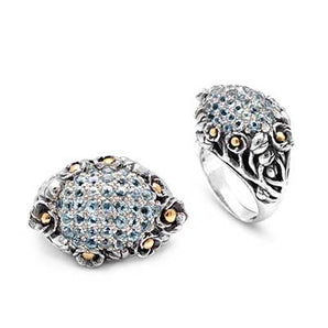 Silver & Gold Ring, Water Jasmine Motif Blue Topaz Pave