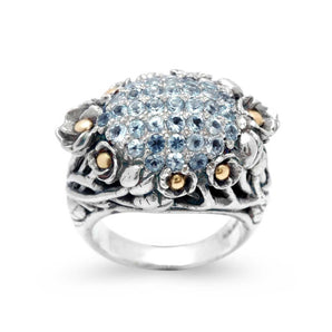 Silver & Gold Ring, Water Jasmine Motif Blue Topaz Pave