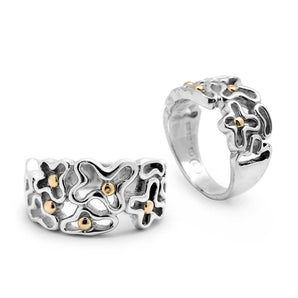 Silver & Gold Ring, Flower Motif Non-Oxidation