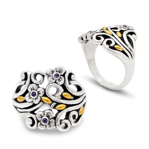 Gold & Silver Ring, Flower Motif Amethyst