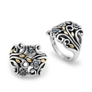Gold & Silver Ring, Flower Motif Blue Topaz