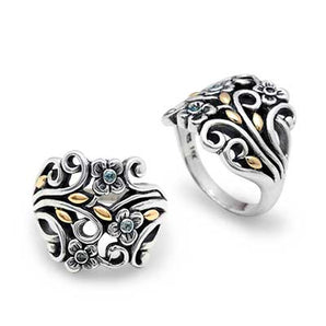 Gold & Silver Ring, Flower Motif Blue Topaz