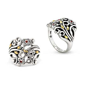 Gold & Silver Ring, Flower Motif Garnet