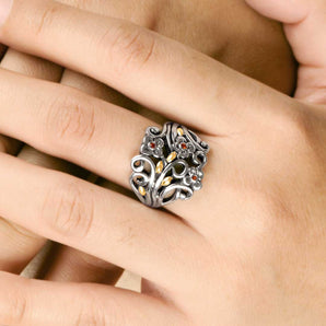Gold & Silver Ring, Flower Motif Garnet