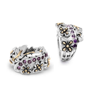 Silver & Gold Ring, Balinese Flower Motif Amethyst
