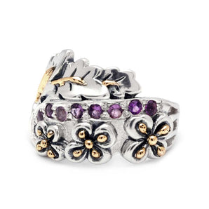 Silver & Gold Ring, Balinese Flower Motif Amethyst