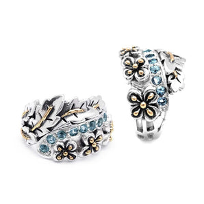 Silver & Gold Ring, Balinese Flower Motif Blue Topaz