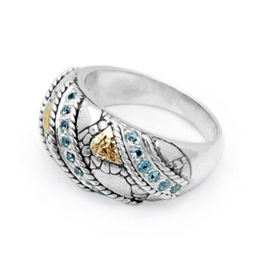 Silver & Gold Ring, Crocodile Motif Blue Topaz Pave