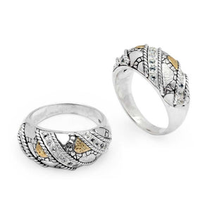 Silver & Gold Ring, Crocodile Motif White Topaz Pave