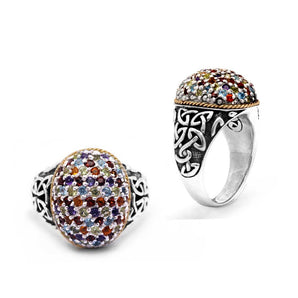 Silver & Gold Ring, Balinese Ornament Mixed Stones