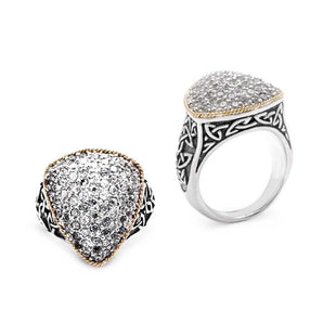 Silver & Gold Ring, Trillion White CZ Pave