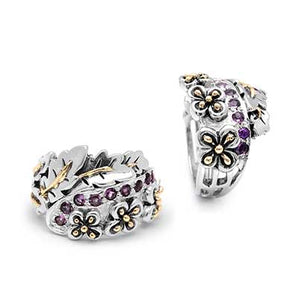 Silver & Gold Ring, Balinese Flower Motif Amethyst