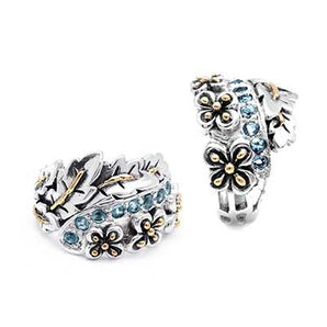 Silver & Gold Ring, Balinese Flower Motif Blue Topaz