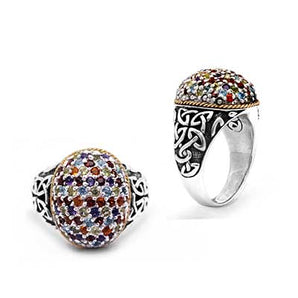 Silver & Gold Ring, Balinese Ornament Mixed Stones