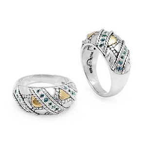 Silver & Gold Ring, Crocodile Motif Blue Topaz Pave