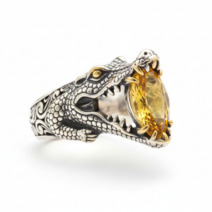 925 Sterling Silver Ring with 18K Gold Crocodile Motif and Marquise Citrine - Handcrafted Balinese Jewelry
